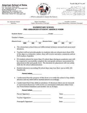 Fillable Online asd edu ELEMENTARY SCHOOL PRE-ARRANGED STUDENT ABSENCE ...