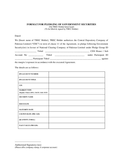Fillable Online FORMAT FOR PLEDGING OF GOVERNMENT SECURITIES (On TREC ...