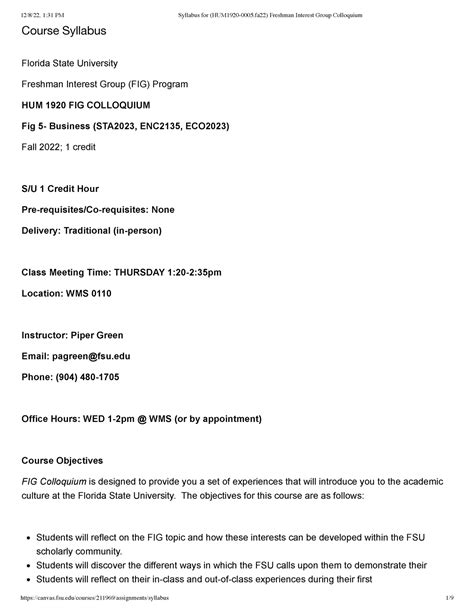 HUM 1920 syllabus - Course Syllabus Florida State University Freshman ...