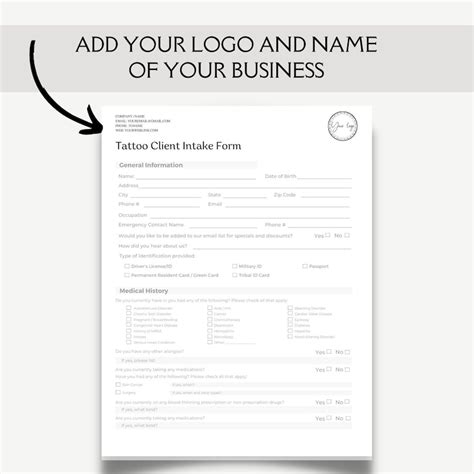 Buy Editable and Printable Tattoo Client Intake Form Tattoo Online in ...