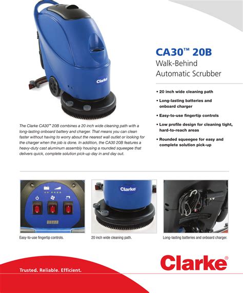 Clarke ca30 20b floor scrubber brochure and specifications