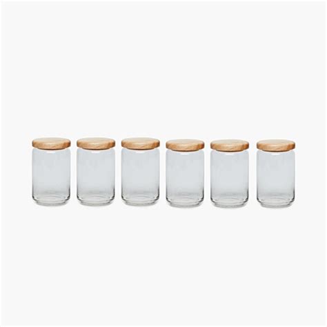 OCEAN 6-Piece Pop Jars with Wooden Lid set - 500 ml | Transparent | Glass
