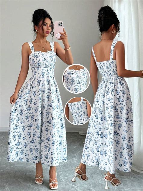 Airlisse Women Blue & White Floral Print Square Neck Sleeveless Dress ...