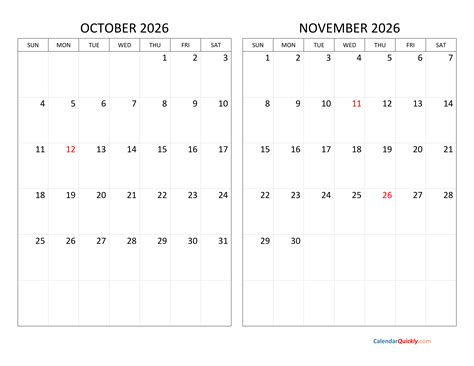 October and November 2026 Calendar | Calendar Quickly
