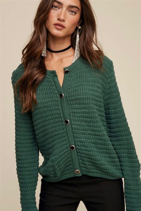 Dark Green Waffle Knit Cardigan | Calimi