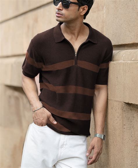 Coffee Brown Striped Knit T-Shirt – Powerlook