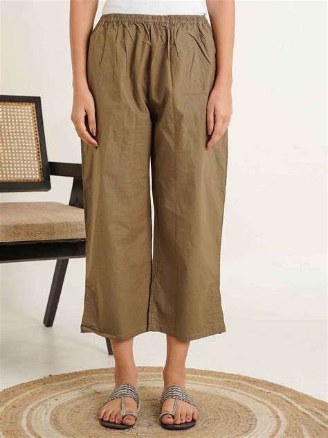 Cotton Solid Ankle Length Pants Khaki - Goodhand