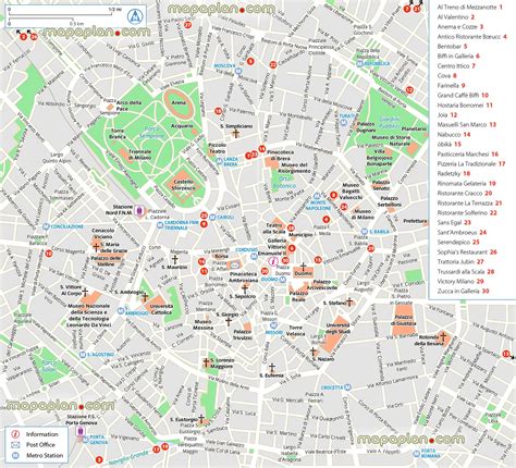 Milan top tourist attractions map - Milan best restaurants & dining map - Central district area ...