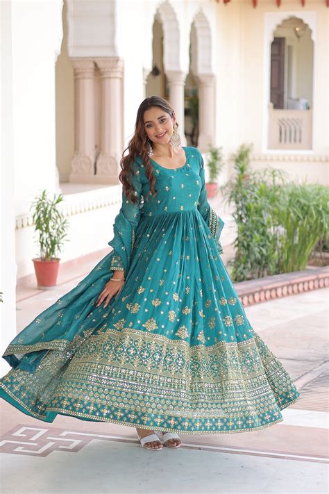 Nasu Teal Color Silver Crunchy Rich Sequins Embroidered Work Gown with ...