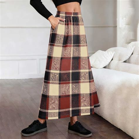 AUNVITO Women's Plaid Skirt with Elastic Waist and Functional Pockets ...