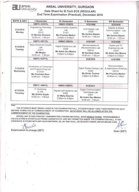 Exam Datesheets | Sushant University Schedule Updates