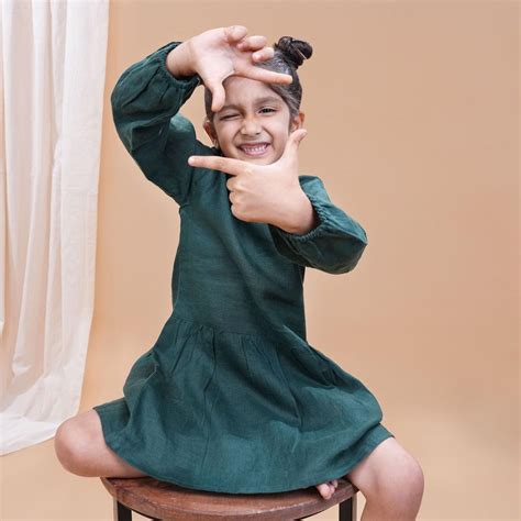 Bottle Green Pure Linen Full Sleeves Dress – Funny Bones Clothings