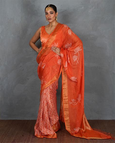 Meher Orange Handblock Linen Saree | Elegant TARA Collection