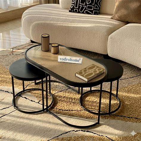 Buy Vodrohome Charcoal Rattan Cane Center Table Set of 3 with Glass Top ...