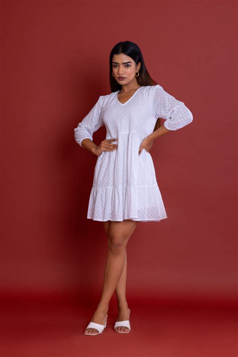 Off-white Schiffli V-neck Dress