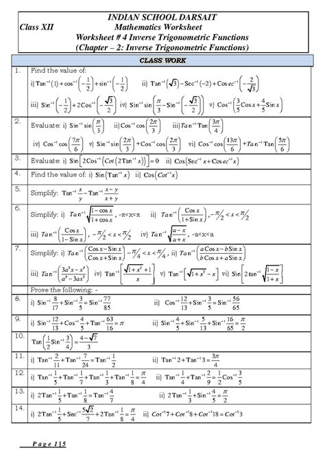 Class XII INDIAN SCHOOL DARSAIT Mathematics Worksheet 4: Inverse ...
