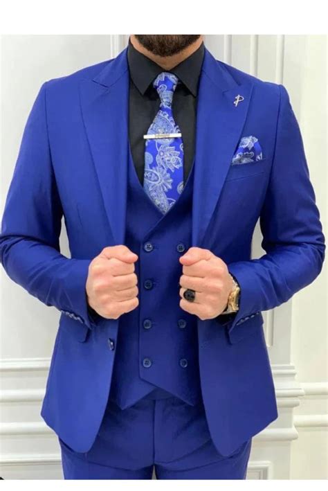 Men Blue 3 Piece Suit Formal Dinner Suit Elegant Groomsmen Wear Sainly ...