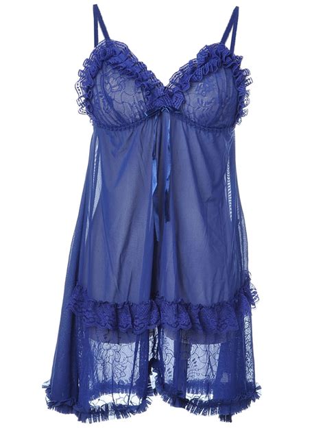 S/M Womens 2 Piece Sexy Blue Lace Ruffle Nightwear Sleepwear Lingerie ...