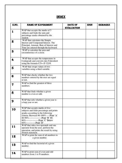 Image result for Printable Practical File Index