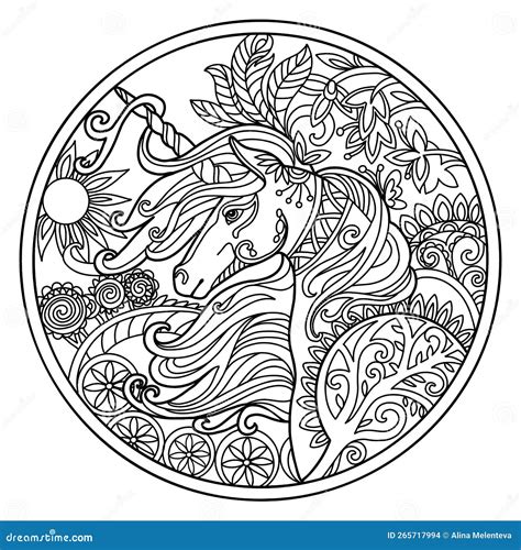 Beautiful Ornate Head of Unicorn Coloring Vector Illustration Stock ...