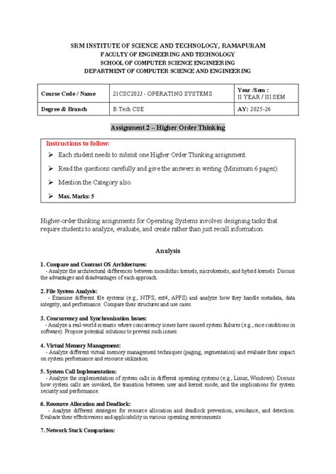 Assignment 2: Higher Order Thinking for OS (21CSC202J) - Studocu