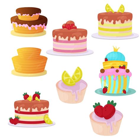 Set van taarten en cupcakes in cartoon-stijl. Gefeliciteerd met je ...