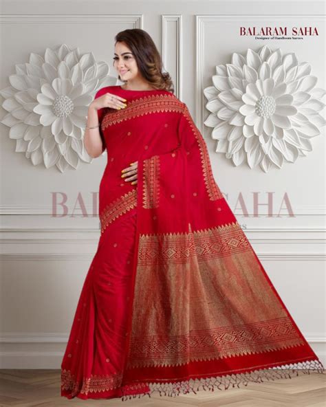 Balaram Saha: Heritage Handloom: Red and Gold Cotton Banarasi Saree