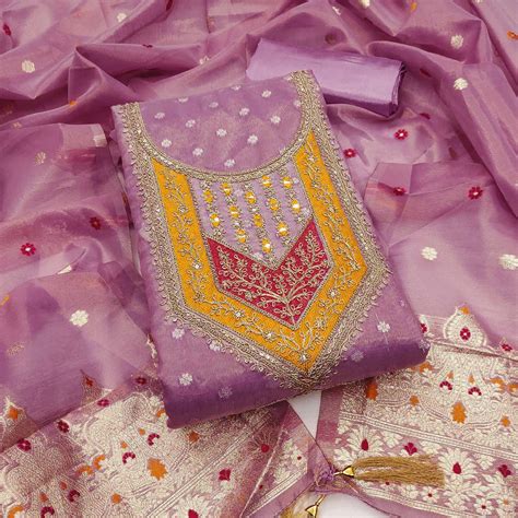 Lavender Shimmer Dress Material Featuring Floral Weaving & Sparkling S