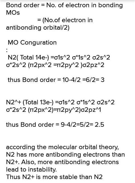 calculate the bond order of n2 n2+ and compare their stability - Brainly.in