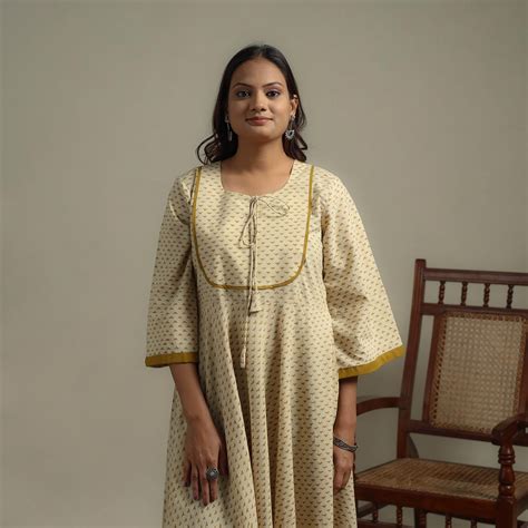 Beige Block Print Natural Dyed Cotton Flared Ajrakh Dress