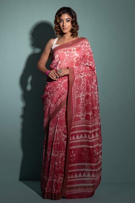 Buy Pink Chanderi Floral Hand Block Print Saree With Unstitched Blouse ...