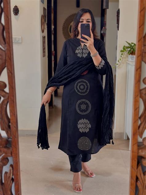 Elegant Navy Blue Cotton Kurta with Geometric Embroidery Detailing ...