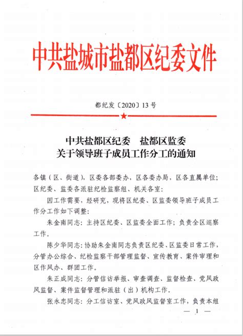 中共盐都区纪委 盐都区监委关于领导班子成员工作分工的通知_领导机构_信息公开_中共盐城市盐都区纪律检查委员会