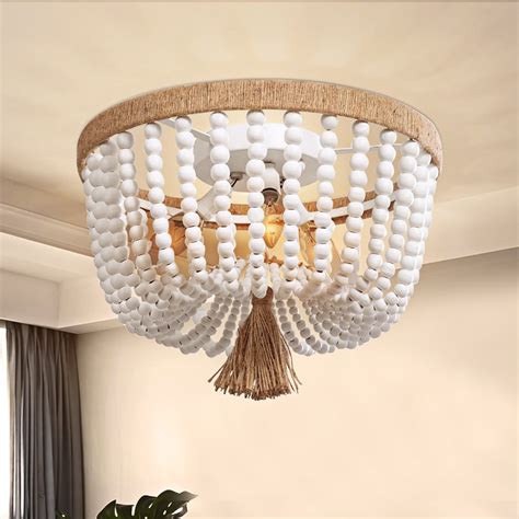 Buy Bohemia Farmhouse Wood Beaded Flush Mount Ceiling Light, White ...