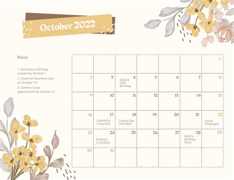 Floral October 2022 Calendar Template in Illustrator, PSD, Word ...