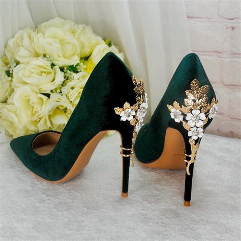 Dark Emerald Green Luxury Velvet High Heels With Gold Floral Cherry ...