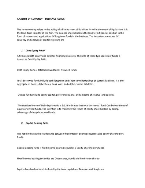 Analysis of solvency - Business studies - ANALYSIS OF SOLVENCY ...