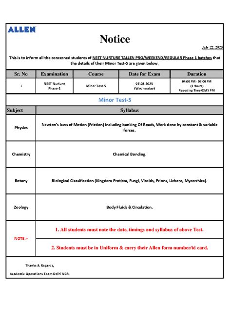NEET Nurture Phase-1 Minor Test-5 Details for 06-Aug-25 - Studocu