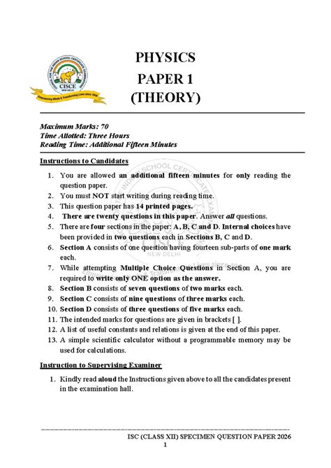 CLASS XII PHYSICS PAPER 1 (THEORY) SPECIMEN QUESTION PAPER 2026 - Studocu