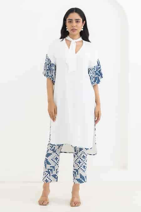 Buy Off White Georgette V-neck Frilly Sleeves Plain Kurta With Pant For ...