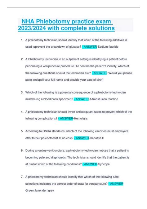 NHA Phlebotomy practice exam 2023/2024 with complete solutions - NHA ...