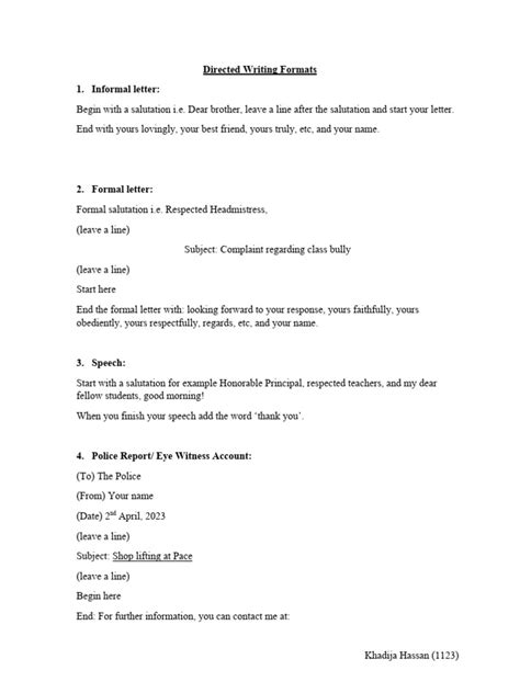 Image result for Directed Writing Format