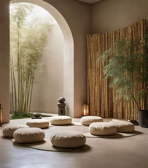 Zen Meditation Room with Floor Cushions and Bamboo Divider in 2025 | Zen meditation room, Yoga ...