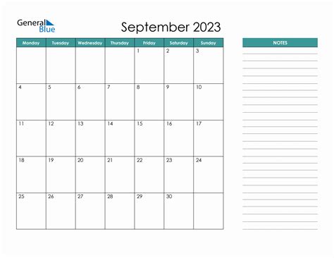 September 2023 Calendar Planner with Notes