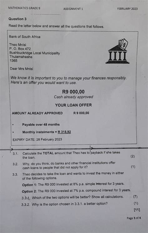 mathematics grade 9 assignment 1 february 2023 question 3 read the ...