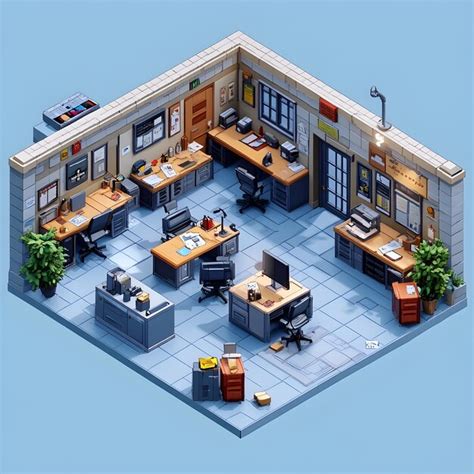 Detailed isometric pixel art of a police station interior with desks ...