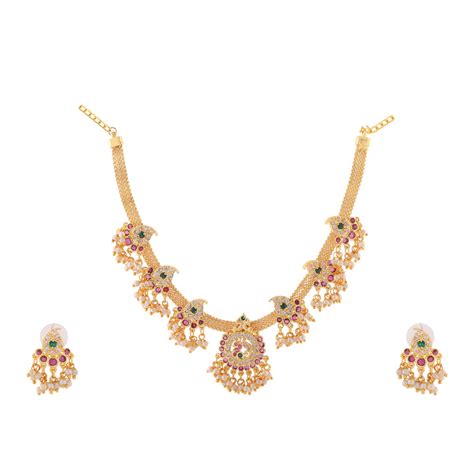 Gold Plated CZ Glorious Designer Necklace Set with Pearls – Estele