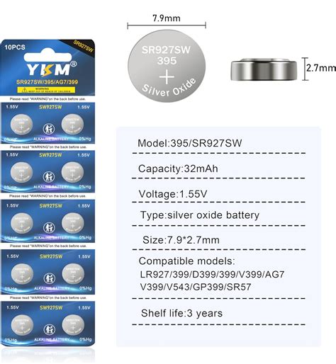 YKM 395 Watch Battery SR927SW 395399 LR927 AG7 HIgh Capacity Silver ...