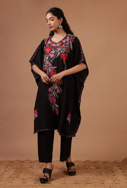 Black Cotton Crush Ari Embroidered Kaftan- Free Size – TJORI