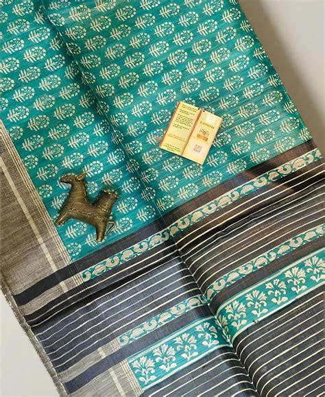 Greenish Blue Floral Printed Tussar Ghicha Silk Saree| Peepal Clothing